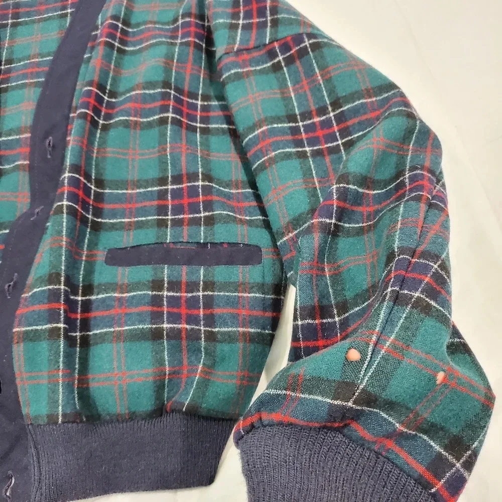 Vintage Pendleton Wool Cardigan Men's M Green Teal Plaid Grandpa Sweater USA 80s
